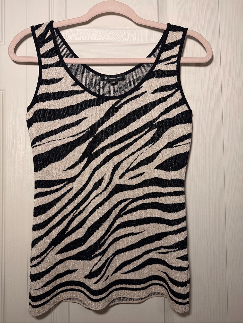 INC Black Beige XS Zebra Animal Print Metallic Shimmer Stretchy Knit Tank Top - Picture 2 of 8